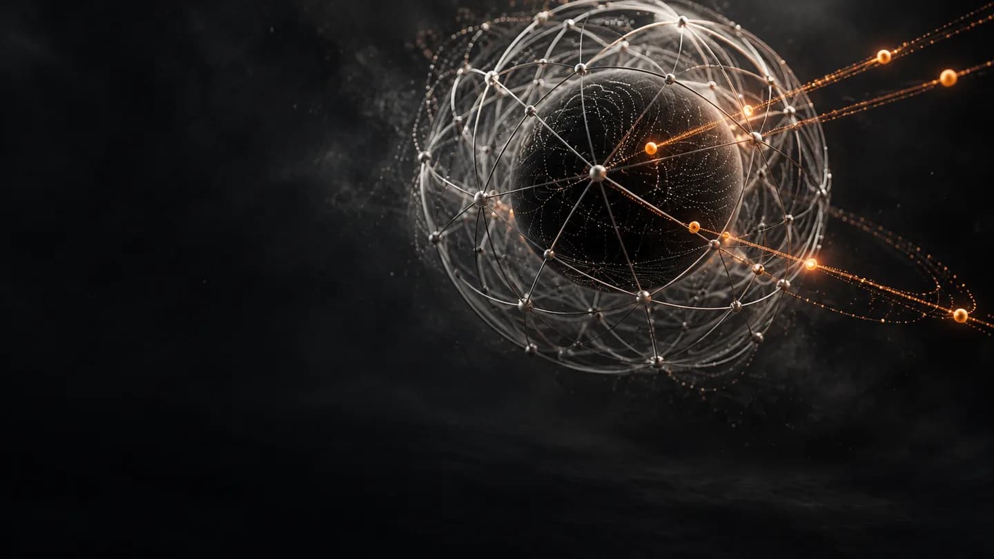 Conceptual illustration of a private core enclosed by a silver lattice, with orange proof signals passing outward